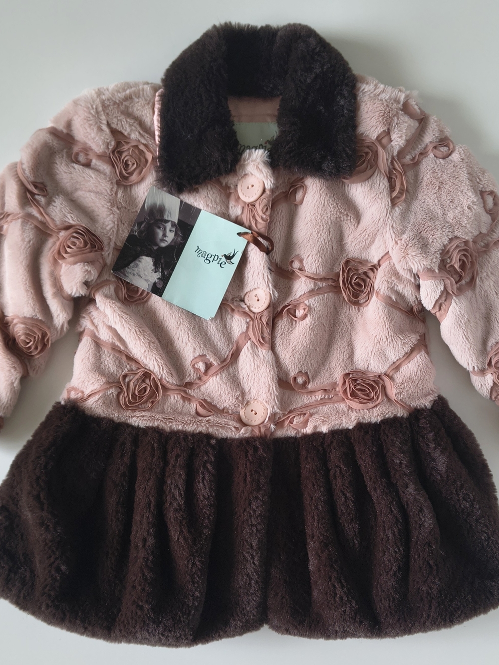 New Magpie Girls  Coat • Pink/Brown Faux Fur/ Floral  Coat Satin Lined • SZ 2T